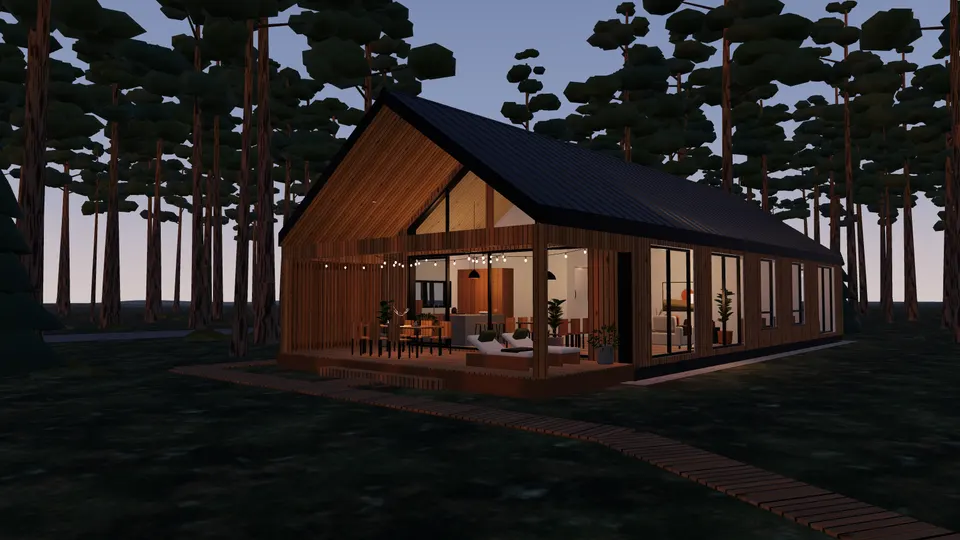 The Light slide after a sunset made right in the model: the living room glazing glows