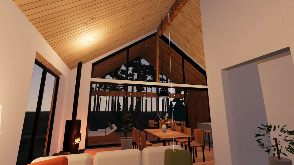 The kitchen-living room under the vault with a dimension line up to the ridge