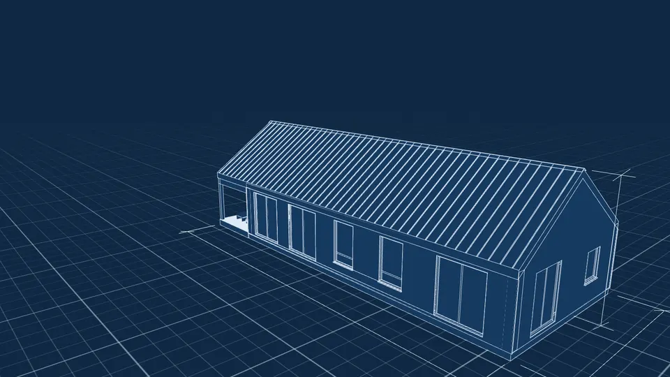 The house as a drawing: white lines on blue, a grid, the overall dimensions and the ridge level