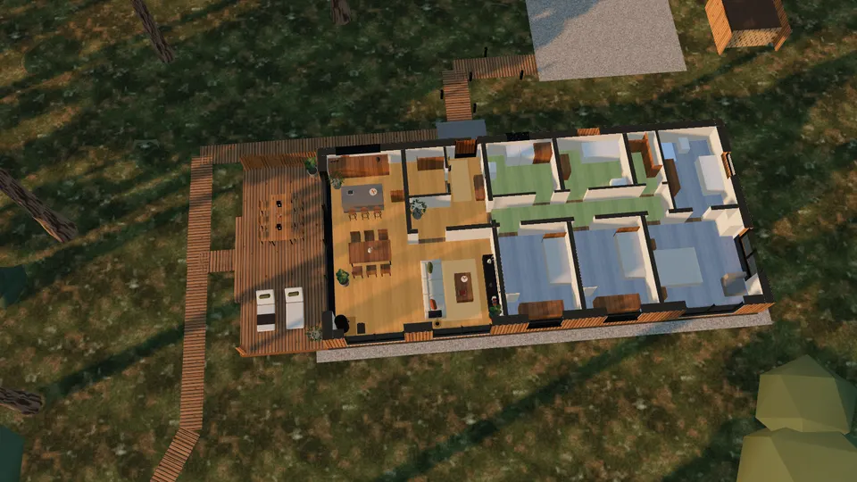 The cut at 1.2 m: the walls in section filled solid, the zones highlighted: living areas, bedrooms, utility