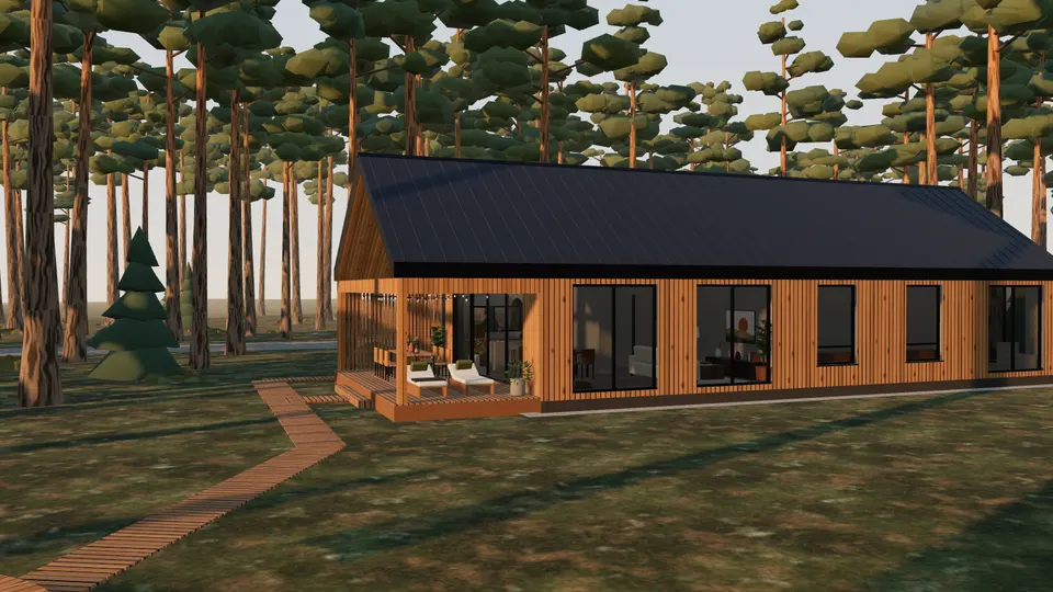The first slide without its text: the house among the pines by day, from the south-west