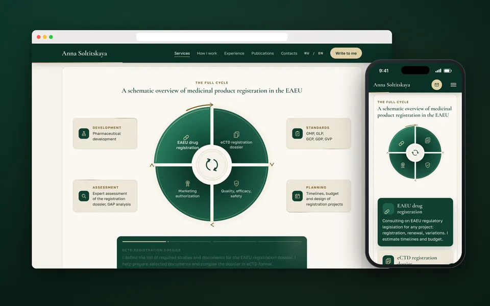 A drug-registration consultant’s site: rebuilt, with a living diagram