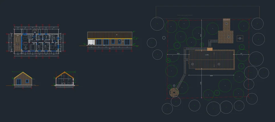 Model space: five drawings at 1:1 in millimetres, side by side