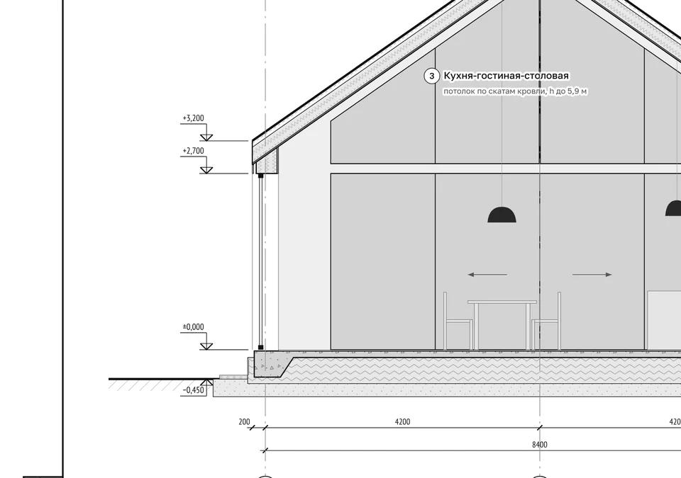 Section 1–1, detail: hatches for concrete, XPS, sand, gravel and soil; level marks
