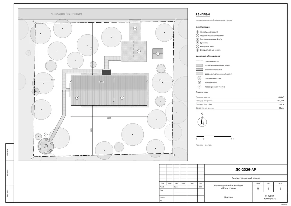 Sheet 5: the site plan at 1:200 in the frame with the title block