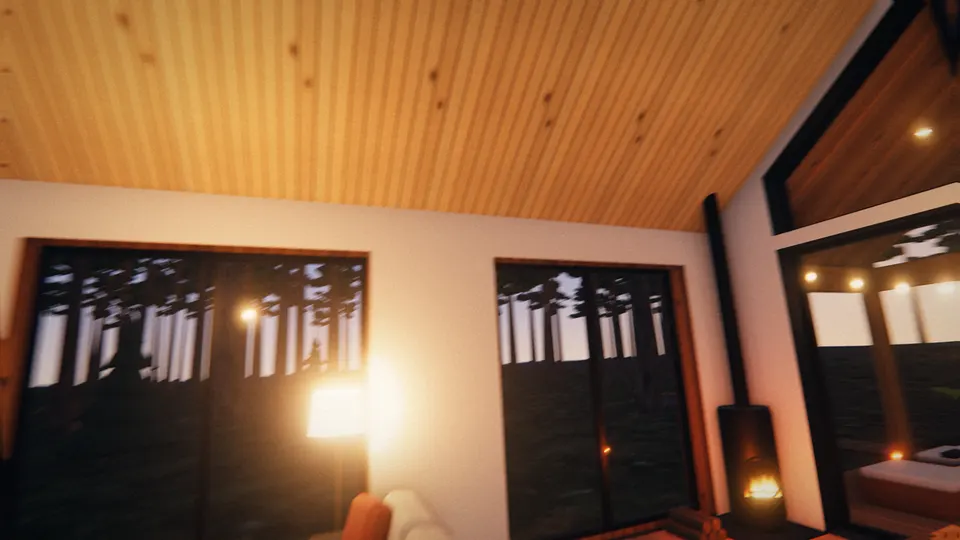 The camera dives under the living room vault: the floor lamp, the stove and windows onto the forest