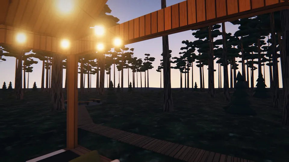 The terrace: string lights under the roof and the pines around