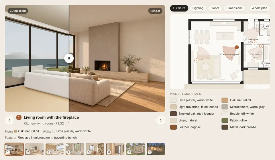 Lake House: an interior design project with photo-like renders